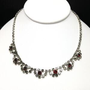 Vintage 1960s Rhinestone Choker Necklace, Rhodium Plated, Red Gray Clear Stones